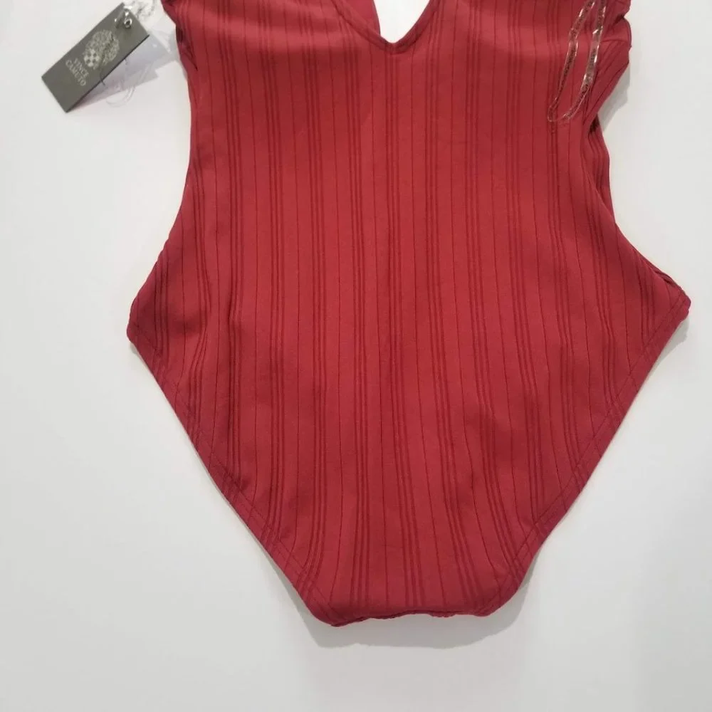 Vince Camuto Ribbed Plunge V-Neck One-Piece Swimsuit Sangria Size 10 - Picture 6 of 9